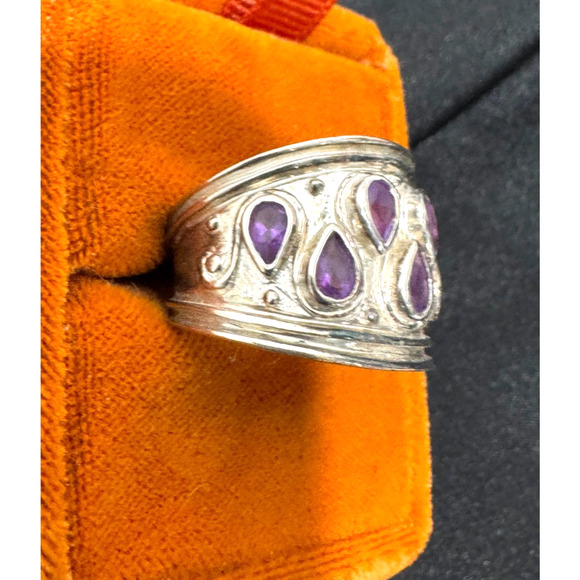 Vtg Purple Amethyst Statement Ring Sterling 925 Silver sz 8 8.5 Modernist Signed - Picture 2 of 7